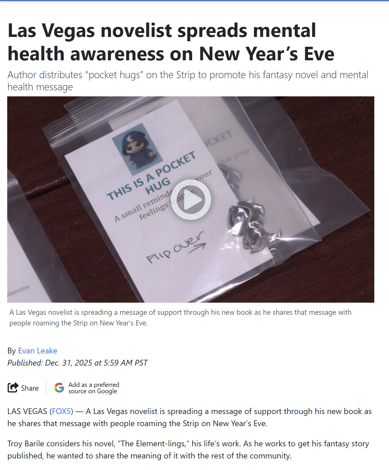 FOX5 Las Vegas: novelist spreads mental health awareness on NYE