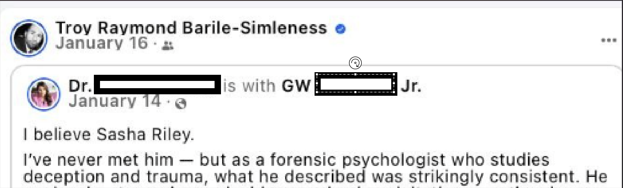 Troy's Jan 16 FB share of Dr. forensic psychologist's 'I believe Sasha Riley' post
