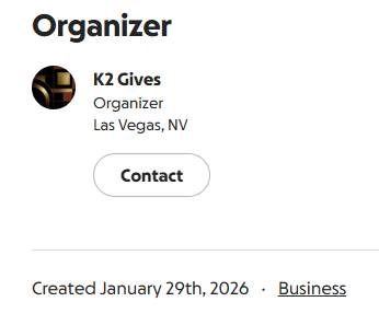 K2 Gives — Organizer card, created Jan 29, 2026