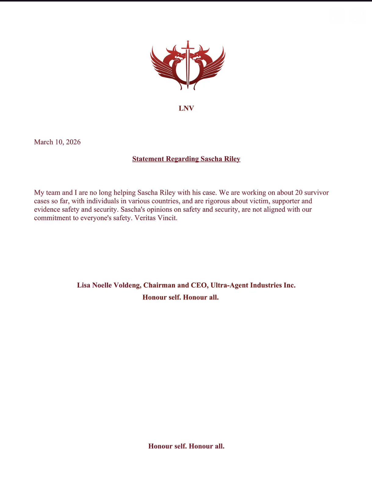 LNV statement regarding Sascha Riley, March 10, 2026