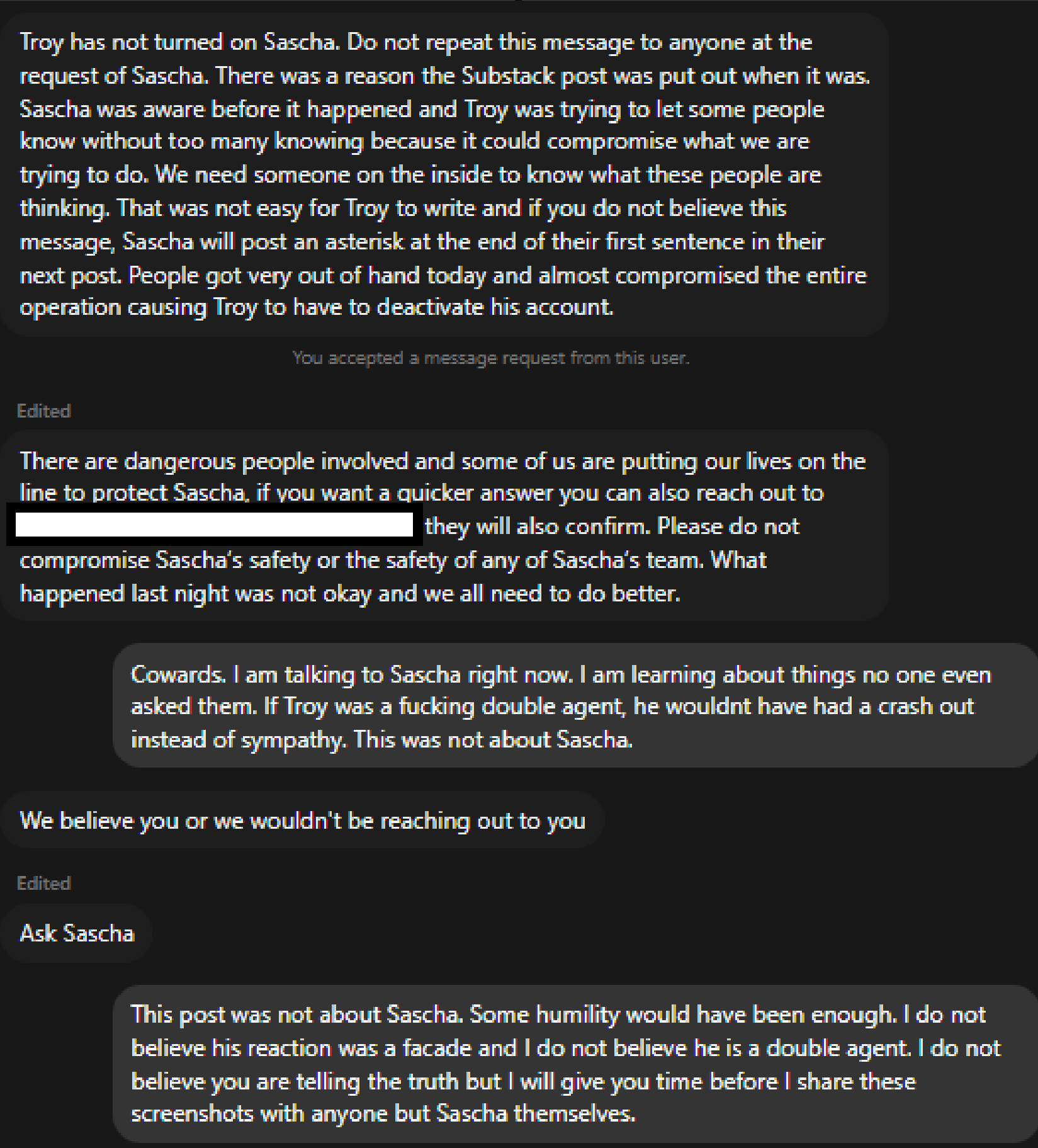 Troy poses as a third party for one message - 'putting our lives on the line to protect Sascha'