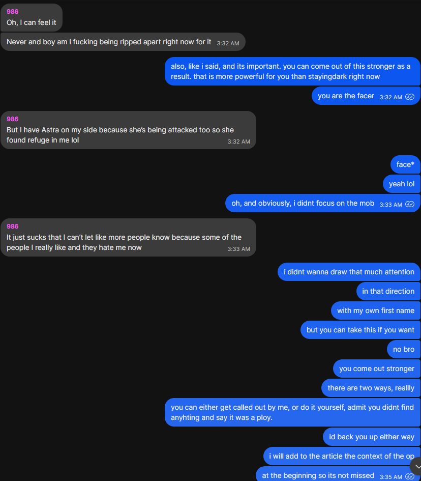 Chat (3:35 AM): 'there are two ways - you can either get called out by me, or do it yourself, admit you didn't find anything and say it was a ploy'; 'i'd back you up either way'