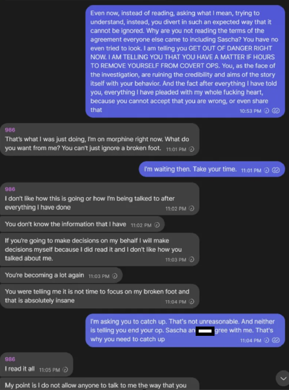 Chat 11:02–11:04 PM — calling out Troy's diversion