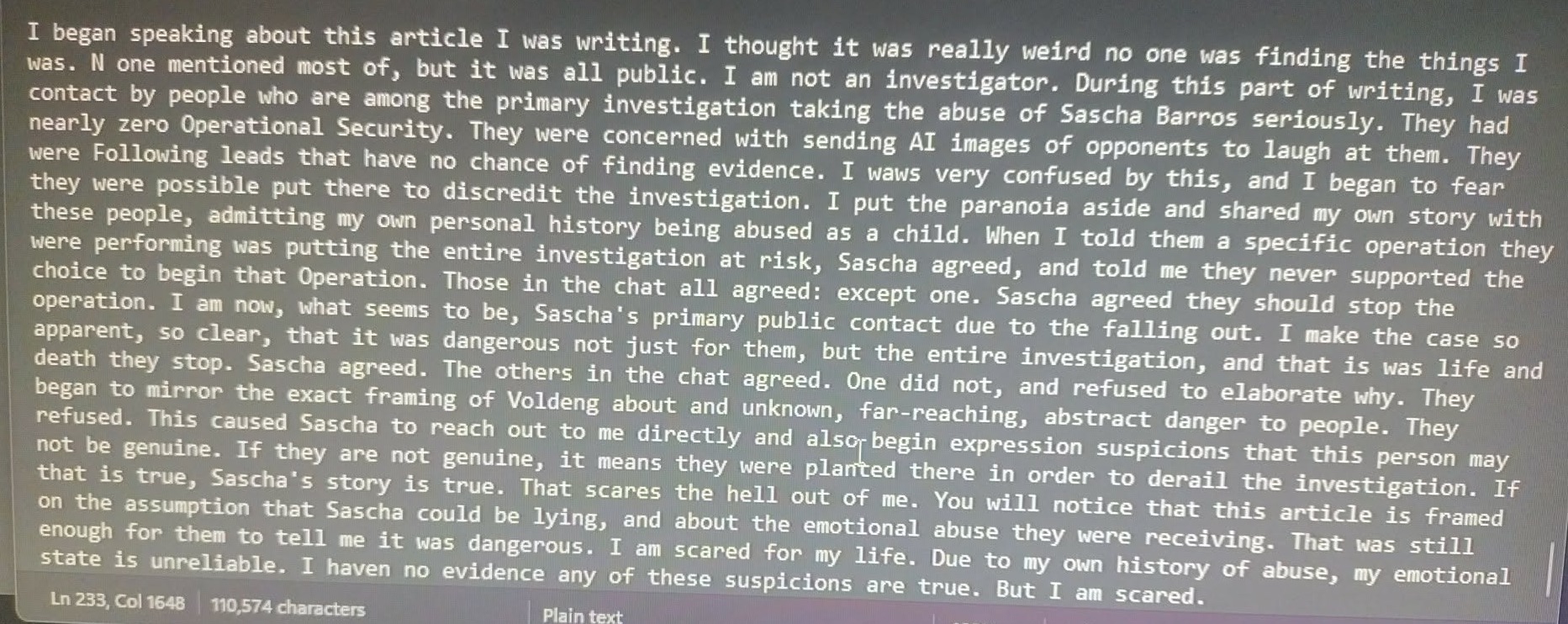 Article draft in text editor (110,574 characters)