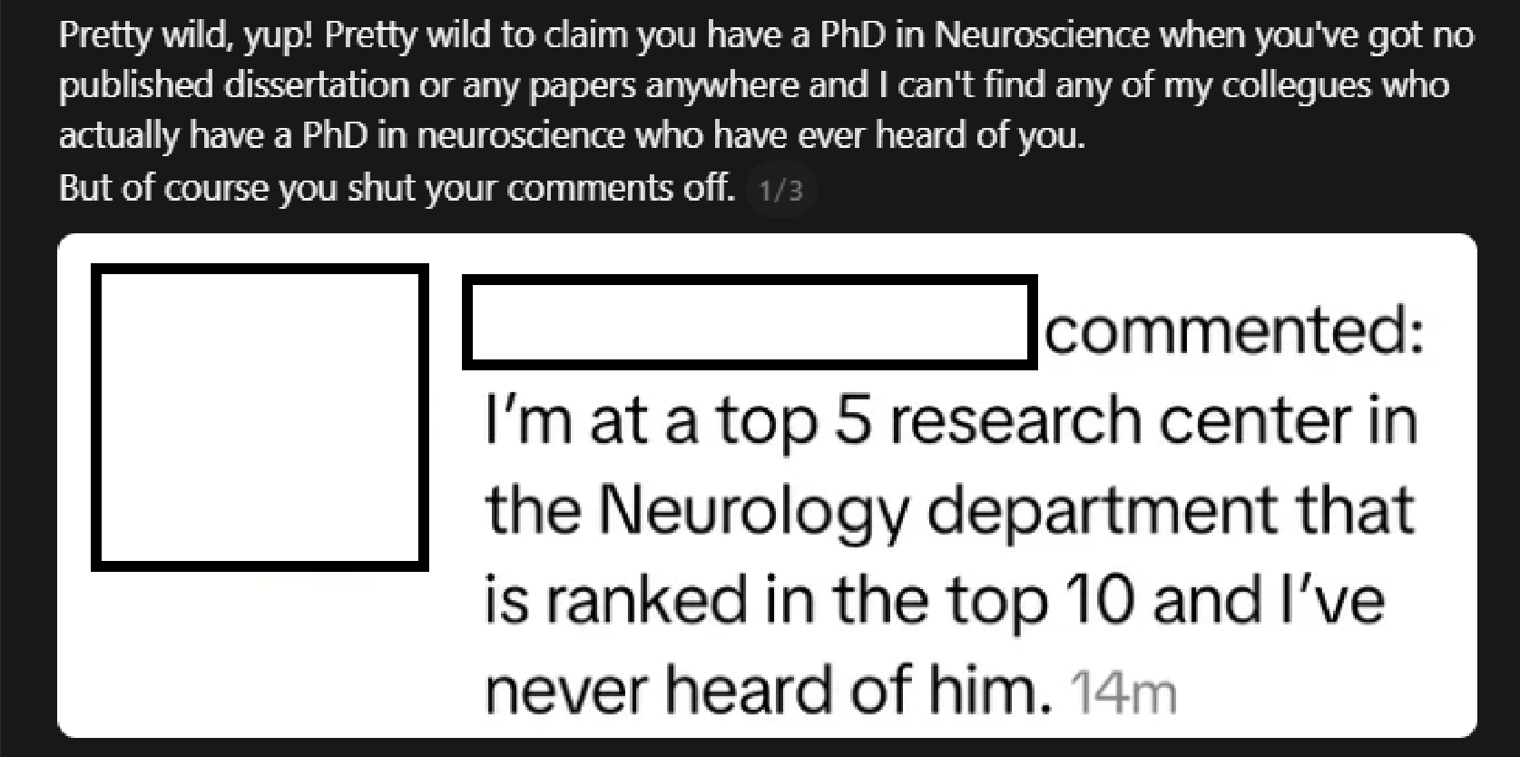 Neurology peer publicly questioning Troy's claimed PhD