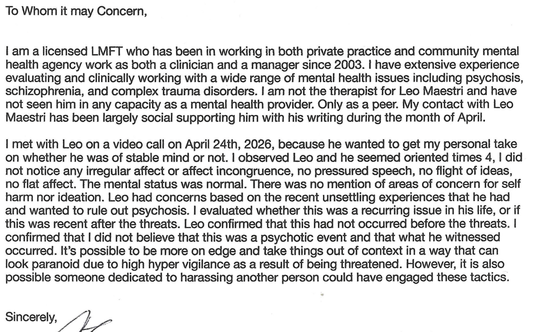 LMFT signed letter dated April 24, 2026 — mental status normal