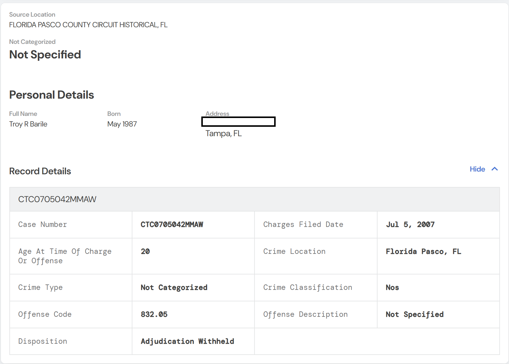 Pasco County, FL primary court record — Troy R Barile, 2007 fraud charge (Fla. Stat. 832.05)