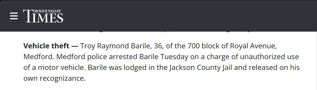 Rogue Valley Times news report — Troy Raymond Barile vehicle-theft arrest, Medford