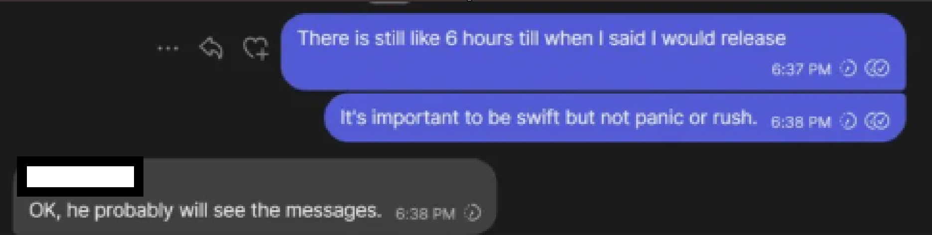 Chat: 'still like 6 hours till release… be swift but not panic'; reply: 'he probably will see the messages'