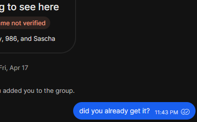 Chat: the mediator adds me to the group (Fri Apr 17) — 'did you already get it?' 11:43 PM