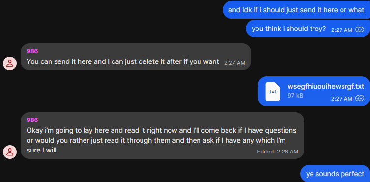 Chat: 'you think i should troy?' — I send the article as a .txt; Troy: 'I'll lay here and read it right now'