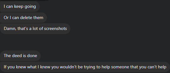 Chat: 'I can keep going / Or I can delete them / The deed is done / If you knew what I knew…'